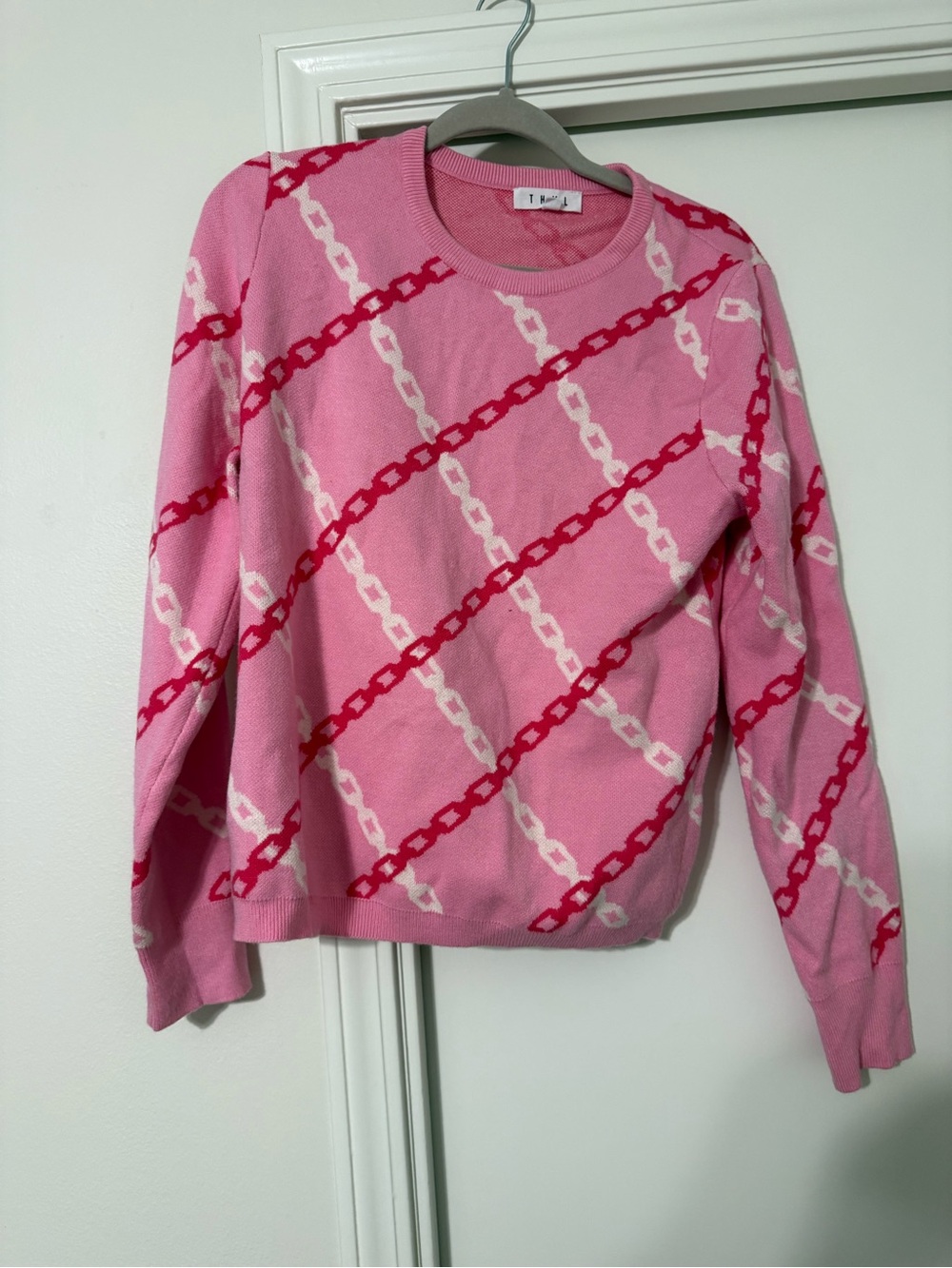 THML Pink Crewneck Sweater with Red and Light Pink Chain Pattern